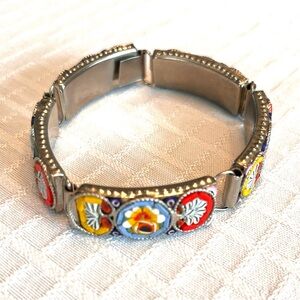 Venetian Millefiori Mini Mosaic Flower Silver Bracelet - Vintage, Italy